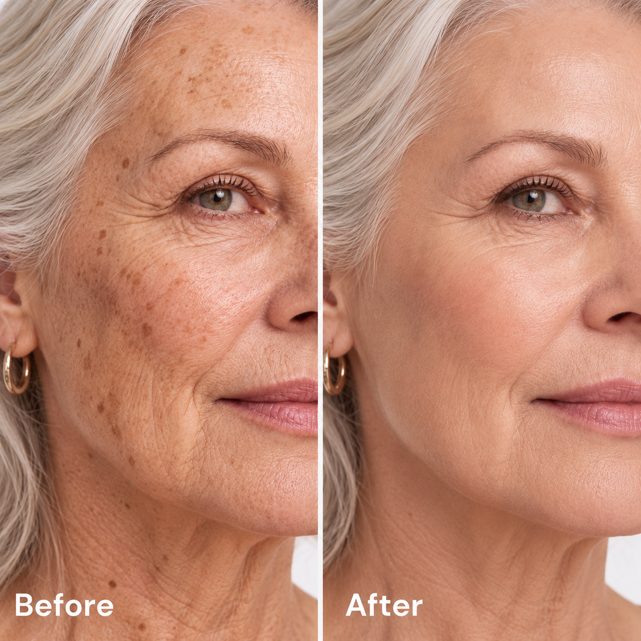 Mature skin with dark spots before and after YURA foundation