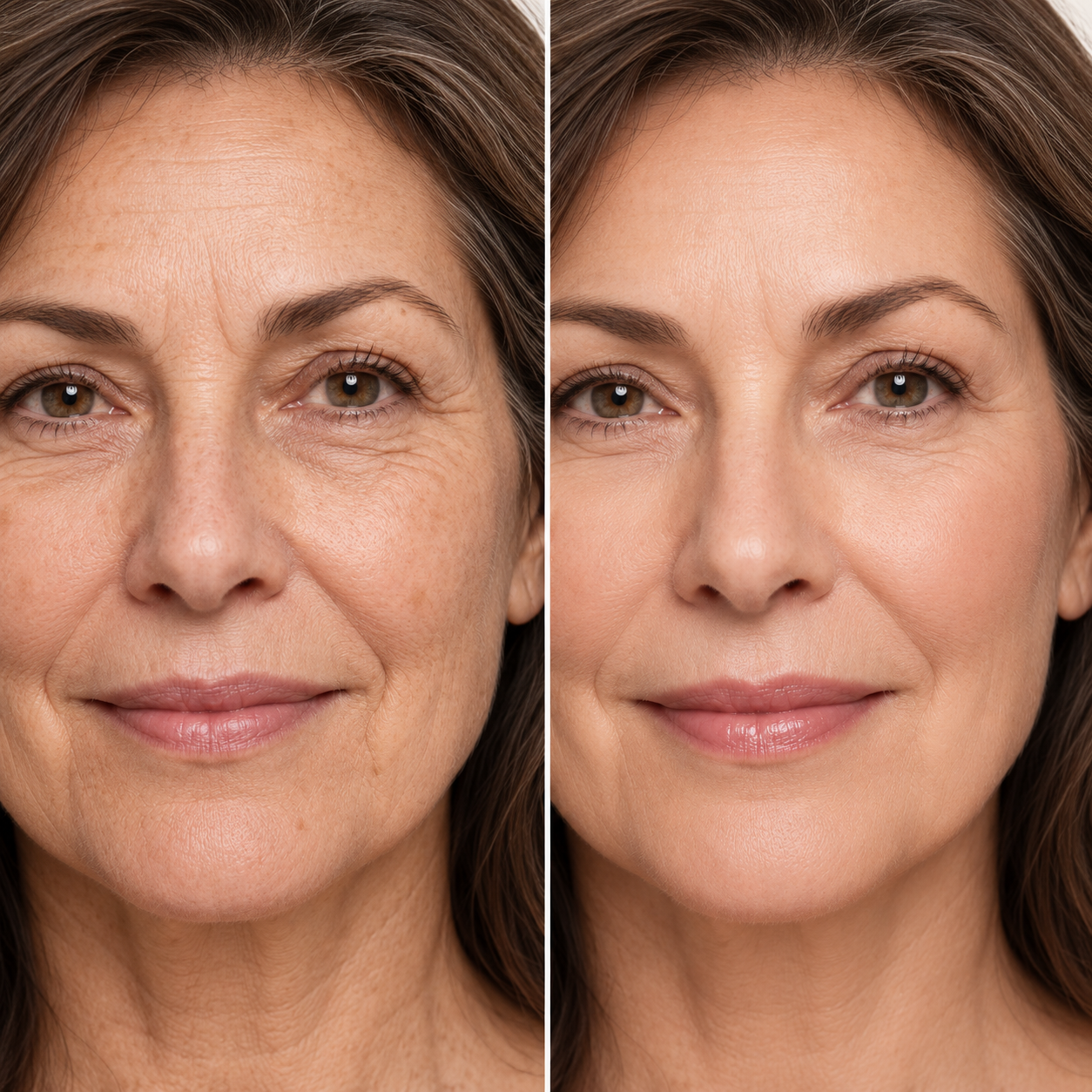 Mature woman before and after applying YURA foundation